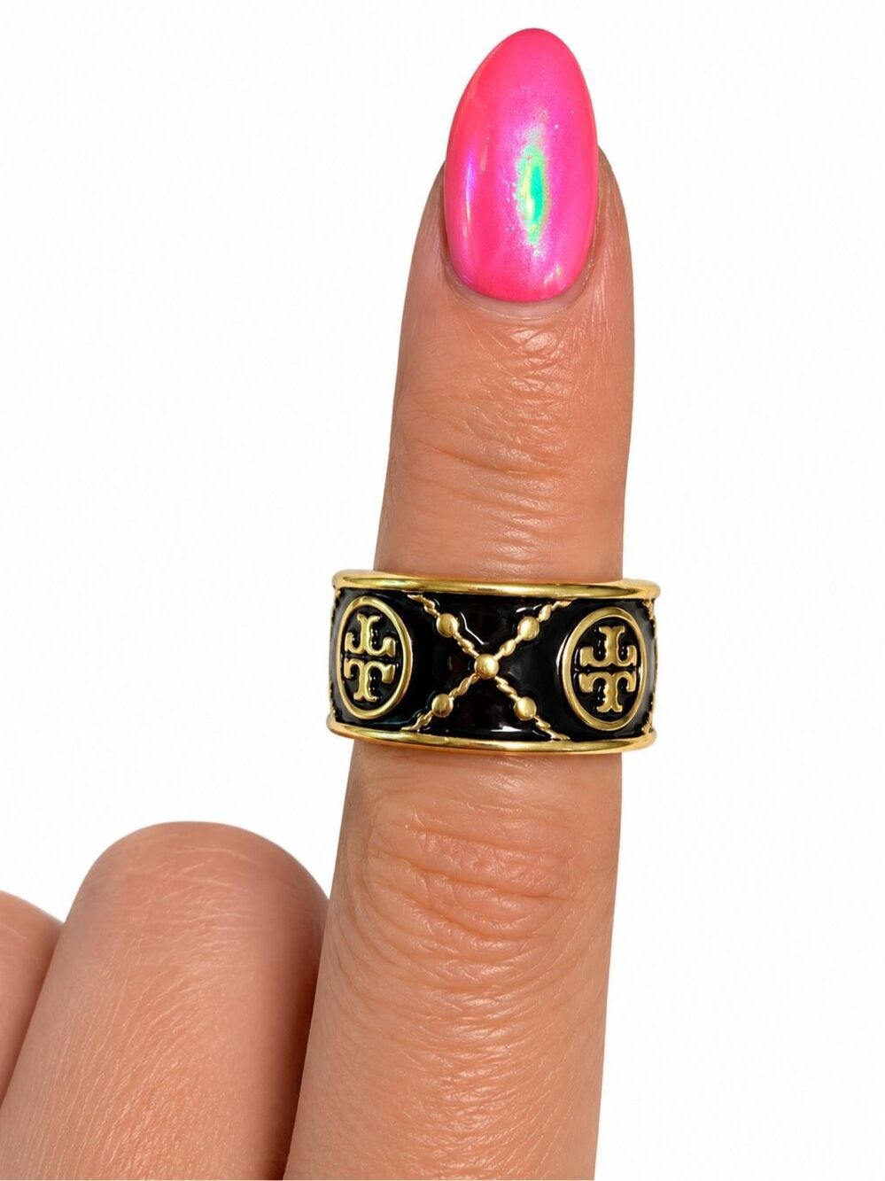 Tory Burch Black Enamel Gold Tone Logo Wide Band Ring Size 6